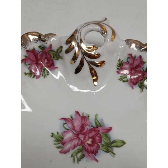 Vintage Rose Floral Vanity Candy Nut Trinket Dish Ruffled Gold Trim - Picture 3 of 8